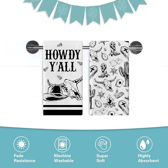 Howdy Y‘All Western Cowboy Kitchen Dish Towels Set of 2, Black White Bull Skull Hat Boot Cactus Drying Hand Towel Baking Cooking Cloth, Rustic Country Bathroom Home Decoration 18'' x 26''