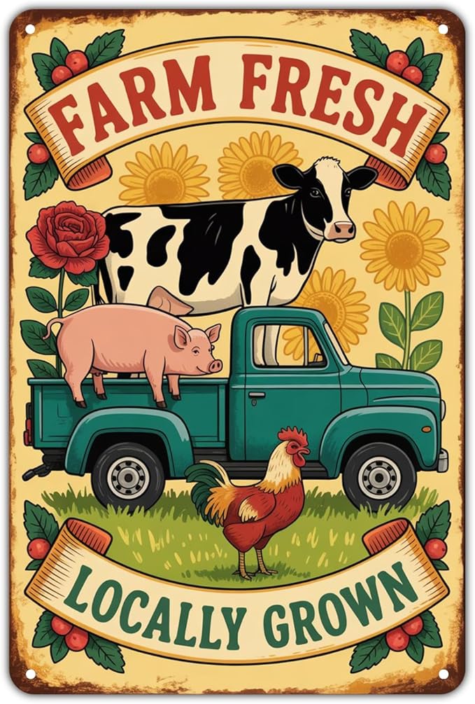 Farm Fresh Locally Grown tin sign Vintage Farm Animals Truck Metal Sign for Garden & Yard Bar Porch Garage Home Bedroom Kitchen Decor Gift 8 x 12,easy to hang