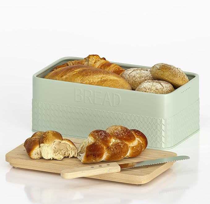 Bread Box for Kitchen Countertop - Metal Bread Storage with Bamboo Cutting Board Lid & Bread Knife, Corner Bread Container for Homemade Bread and Toast, Green