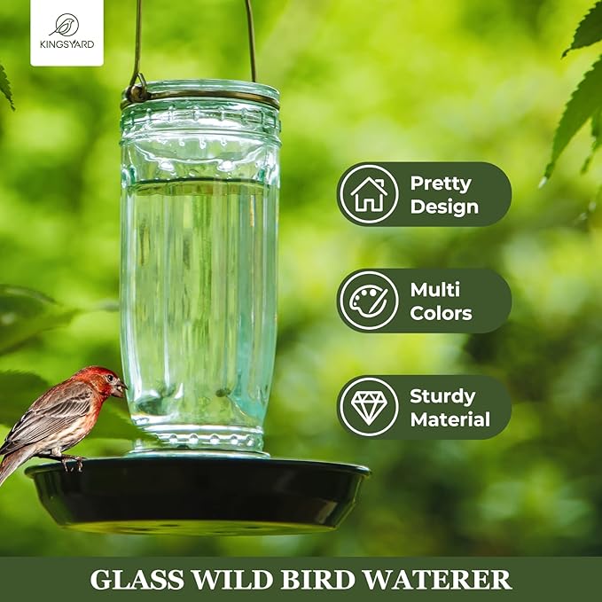 Kingsyard Glass Bird Water Dispenser for Outdoor, 16 Oz, Bird Water Feeder with Metal Hanging for Garden Yard Fence Decoration Hummingbird Cardinal Bluebird Finch, Green