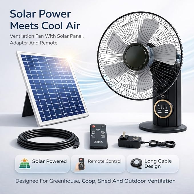 16" Wall Mounted Fan Waterproof, Solar Fans for Outside With Remote Control, Battery Powered Solar Greenhouse Fan, Heavy Duty Outdoor Fans for Patios 3 Speeds, 90° Tilt