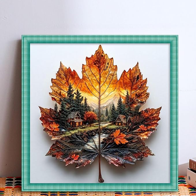 Maple Leaf Forest Cabin Stamped Cross Stitch Kits for Adults Beginners - 45x45cm 11CT Pre-Printed Embroidery Needlepoint Starter Kit, DIY Craft Perfect for Christmas Gift Home