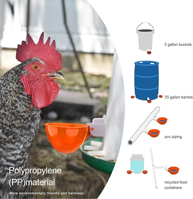 Chicken Waterer Cups, 8 Packs Orange Large Chicken Watering Cups, Automatic Chicken Water Cups, Tee Fittings Poultry Feeder Cups Suitable for Chicken, Duck, Goose, Turkey with Mounting Hole Opener
