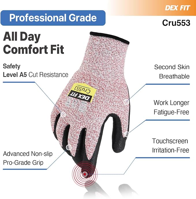 DEX FIT Level 5 Cut Resistant Gloves Cru553, 3D-Comfort Fit, Firm Grip, Thin & Lightweight, Touch-Screen Compatible, Durable, Breathable & Cool, Machine Washable; Red M (8) 1 Pair