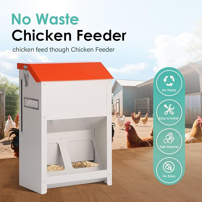 Chicken Feeders No Waste 20lbs Large Automatic Poultry Feeder with Lid Auto Feeding Though Dispenser for Duck Turkey Pheasant Chicken Coop Feeder System