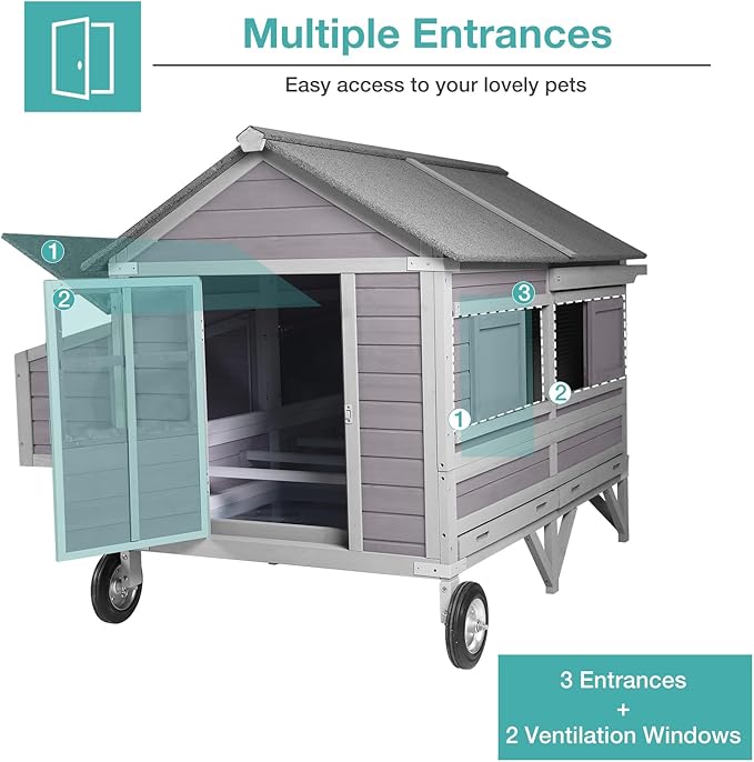 Outdoor Chicken Coops with Large Wheels,Upgrade Large Poultry Cage with Strong Iron Frame,Wooden Hen House for 4-6 Chickens