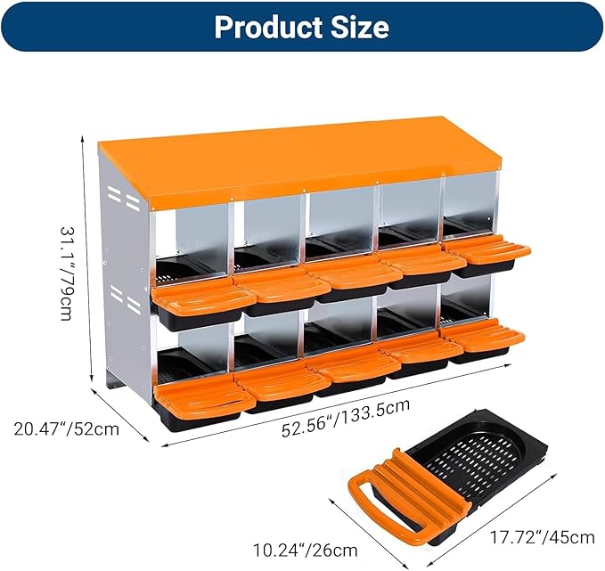 Chicken Nesting Box,10 Hole 2 Layer Hen Nest Boxes, Roll-Away Egg Collection System with Ventilation Holes，Rustproof Plastic Tray & Keyhole Mounting, Chicken Laying Box