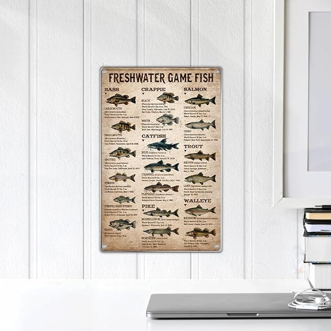 Freshwater Game Fish Chart Metal Sign Vintage Educational Wall Decor For Fishing Enthusiasts Anglers Man Cave Lake House Cabin Garage 8 x 12 Inch Home Indoor