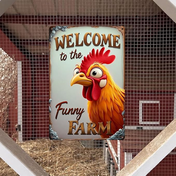 FunnySign Chicken Gifts Rooster Décor Welcome To The Funny Farm Rustic Tin Sign For Home Farm Chicken Coop Decor 8x12 Inch (9708)