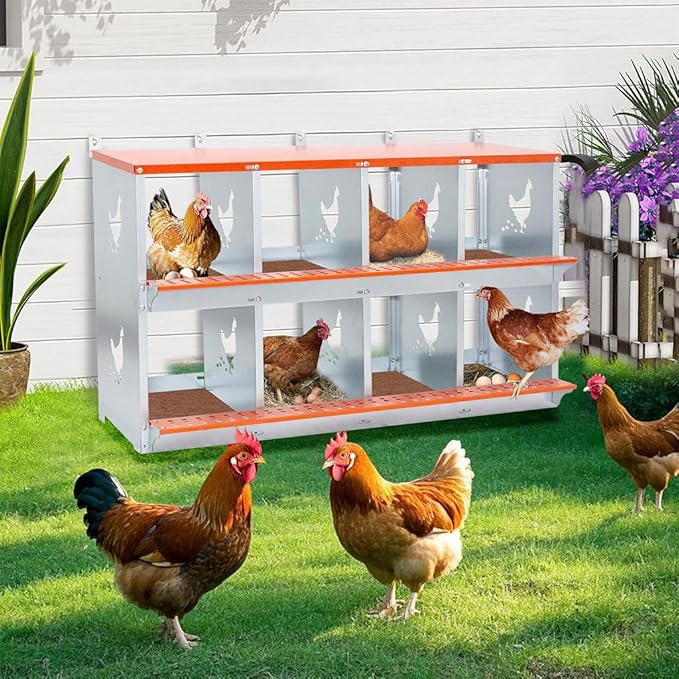 8 Hole Chicken Nesting Boxes for Laying Eggs, Large Galvanized Steel Hen Nesting Box with Ventilation & Coconut Fiber Pads, Wall Mount Chicken Laying Box for Hens, Ducks & Birds, Orange