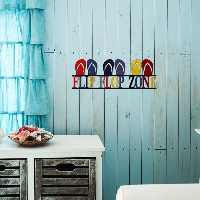 Metal Flip Flop Zone Wall Hanging Decor Sign, Vintage Flip Flop Coastal Decorations for Home Bathroom Bedroom, 5.5x16 inches