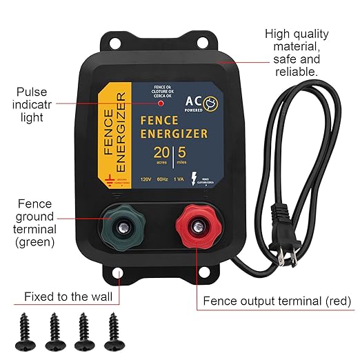 PE5 Electric Fence Energizer and 17 Gauge Spool Aluminum Wire Livestock Fence Chargers for Containing Pets and Preventing Wild Animals Intruding (0.20 Joule,20 Acres)