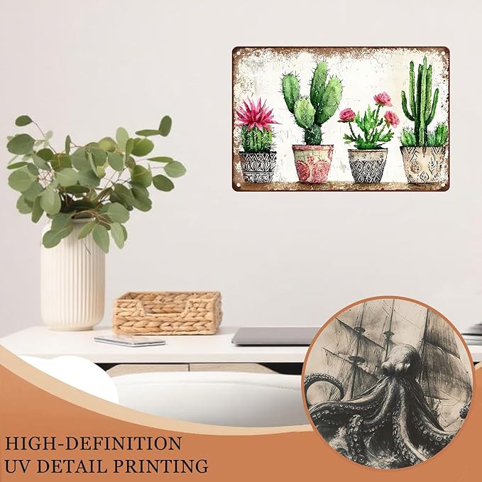 Four basins Cactus Metal tin Sign Watercolor Cactus Tin Sign Green Plant Wall Decor for Home Living Room Kitchen Garden Bedroom Office Hotel Cafe Decoration 8X12Inch