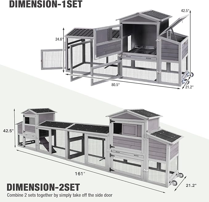 80.5’’ Large Chicken Coop with Run, Mobile Chicken House with Nesting Box and Leakproof Pull-on Tray, Wooden Hen Poultry Cage with Waterproof Roof for 2 to 4 Chickens, Chicken Tractor with Wheels