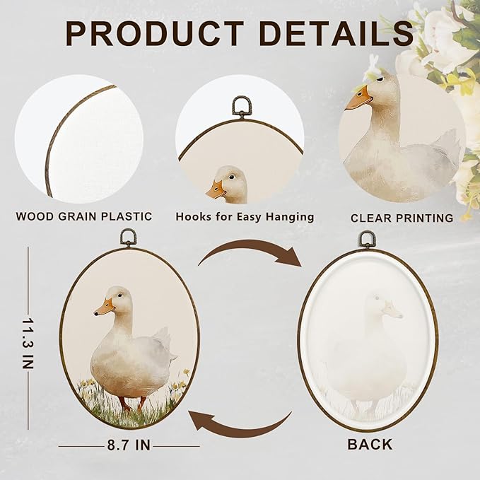 dvhdajed Vintage Farmhouse Duck Oval Wall Art Decor,Cottagecore Mallard Duck Wildflower Framed Canvas Art,Retro Country Ducks Oval Wall Hanging Decor for Nursery Living Room Bedroom，8.7x11.3 Inch