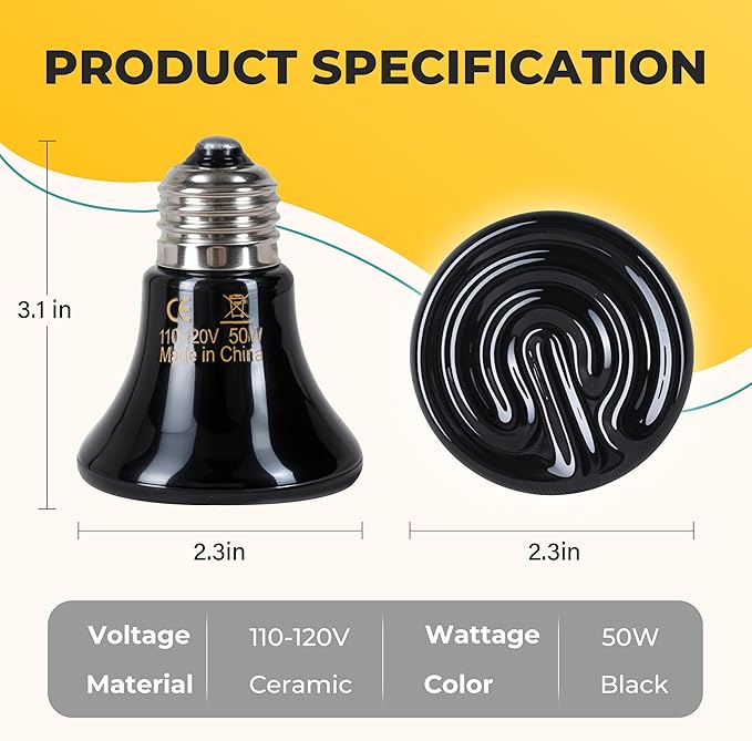 Ceramic Heat Emitter, 50W Mini Reptile Heat Lamp, No Light Emitting Turtle Heater, Efficient Heating Solution for Aquariums, 2 Pack for Optimal Temperature Control