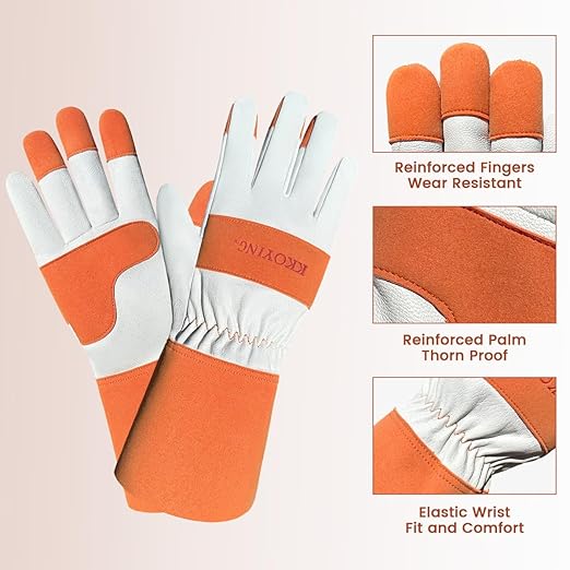 Gardening Gloves, Long Thorn Proof Garden Gloves for Women and Men, Goatskin Breathable Leather Work Gloves for Gardening, Pruning, Yard Work, Brown, XL