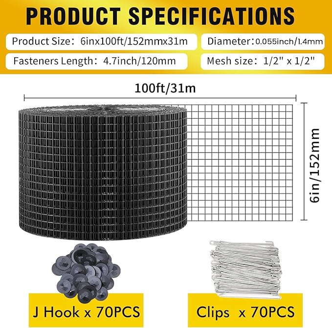 6in X 100ft Solar Panel Bird Guard,Solar Panel roof Protection net 1/2inch Mesh PVC Black Vinyl Coated Galvanized net 70 Fastener ClipsUsed for Bird,Animal Control