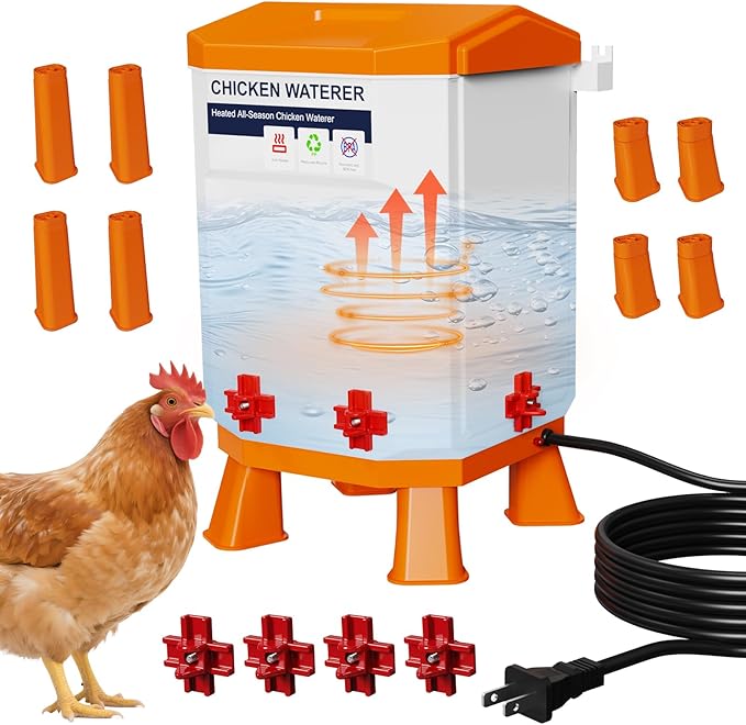 Nexum Heated Chicken Waterer - 3 Gallon Winter-Proof Poultry Drinker with Nipples and Stand, Auto Thermostat for Chickens, Ducks & Quail - Freeze-Resistant, Easy Fill (Orange, 3 Gallon)