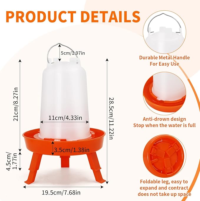 Chicken Feeder and Waterer Kit, 1L Feeder and 1.5L Waterer with 3 Heights Adjustable Legs,Poultry Feeder and Hanging Drinker No Spill/Waste for Chicken Coop, Ducks, Birds