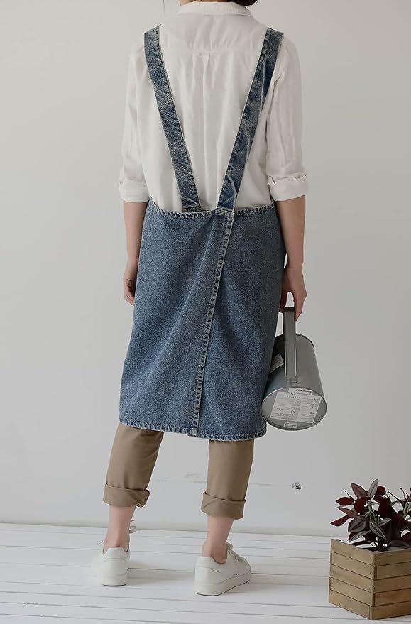 Cotton Denim Apron Soft - Unisex Adjustable Bib Apron with 5-Pockets Perfect for Kitchens