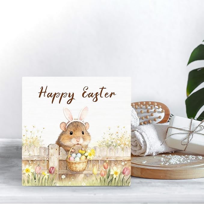 Happy Easter Hamster Wooden Box Sign Desk Decor, Spring Wildflower Easter Egg Farm Hamster Wood Signs for Bedroom Home Office Desk Table Shelf Decorations, 5x5 Inch