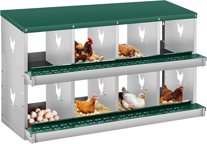 Garvee 8 Compartment Chicken Nesting Box, 2 Layer Wall Mount/Free Standing Poultry Nest for Chickens, Hens, Ducks, Metal Chicken Laying Boxes with Perch, Secure Lid, Vented Holes, Green