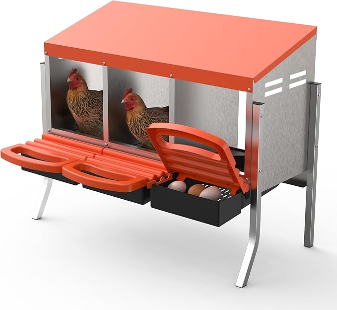 Metal Chicken Nesting Box with Easy-Collect Tray & Lid – 3/4/2x2 Compartment Heavy Duty Roll Away Nesting Boxes for Chickens, Wall Mount or Freestanding, Galvanized Steel Hen Laying Box for Coop