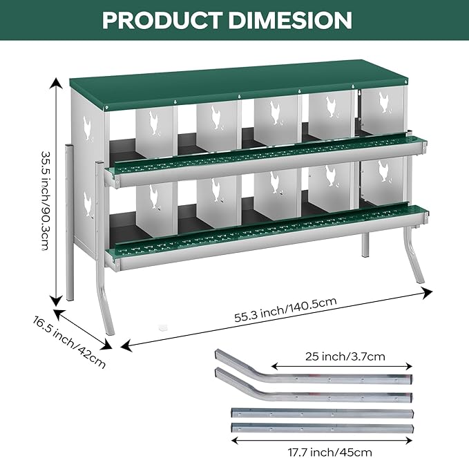 Removable Tray & Large Vented Design - Chicken Nesting Box for Small Animals - 10 Compartments, Two-Tier Galvanized Steel, Easy Wall Mount, Durable, Easy Clean - Green, 10 Compartments ZW