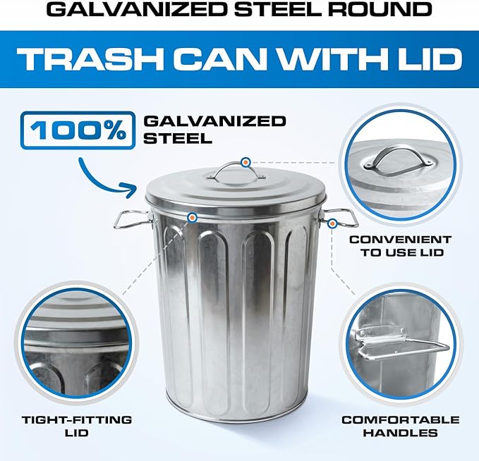 Plexon 5 Gallon Small Metal Trash Can with Lid Outdoor Galvanized Bucket with Lid 5 Gal Fireplace Ash Bucket for Wood Stove Storage Can for Dog Food Bird Seed Storage Container Rodent Pet Proof 3 Pack