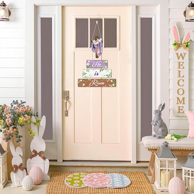 CHDITB Easter He is Risen Wooden Sign, Religious Cross Wooden Hanging Plaque, Spring Door Hanger, He is Risen sign, Faith Christian Wall Art Decor for Home Church Living Room Decoration