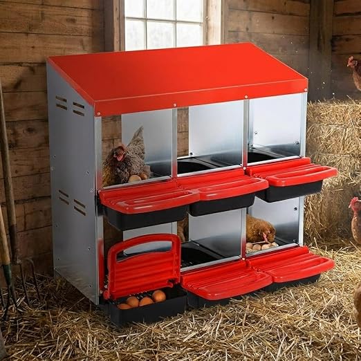 Garvee Chicken Nesting Boxes, 6 Hole Metal Chicken Laying Box with Removable Trays for Chicken Coop, Red