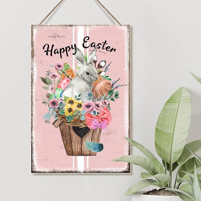 Wood Wall Art Plaque Happy Easter Flower Basket Bunny Sign French Style Floral Pink Stripes Wall Hanging Signs Easter Eggs Farmhouse Bunny Wood Plaque for Bedroom 8x12in