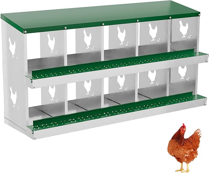 Chicken Nesting Boxes with Roll Away Egg Tray,6/8/10 Compartments, Steel Rustproof & Ventilated Laying Boxes for Hens, Chickens, Ducks, Easy-Clean Poultry Coop Accessories Stand/NO Stand