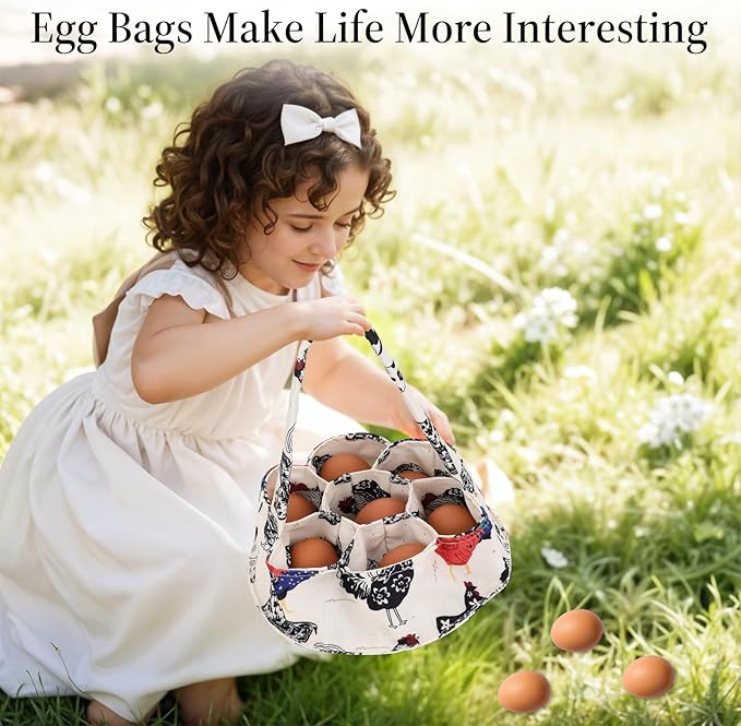 1 Pc Egg Collection Basket, Farmhouse Chicken Egg Holder with 7 Bags, Handheld Egg Purse Egg Basket for Collecting Fresh Eggs, Housewife Garden Transport Storage(Beige Chicken)