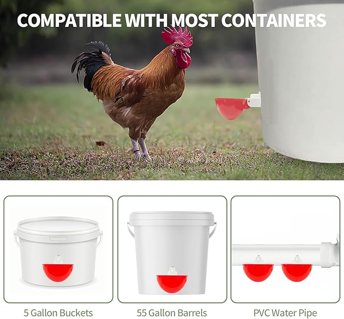 10PCS Chicken Waterer Cups, Red Automatic Poultry Watering Cups, Tee Fittings Poultry Waterer with Mounting Hole Opener,Ideal for Chicken Coop, Ducks, and Backyard Poultry