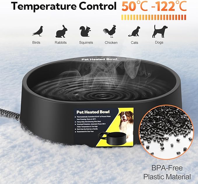 Heated Water Bowl for Dogs and Cats,Large Heated Dog Bowl with Chew Resistant Power, Waterproof Heated Pet Bowls for Outside in Winter,Provide Warmable Water for Dogs, Cats,Birds, (Black