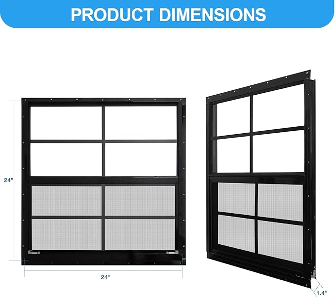 NeatiEase 2 Pack Shed Windows with Black Frame, 24 x 24 Flush Mount Small Window with Tempered Glass and Fiberglass Screen for Shed, Chicken Coop, Playhouse, Household, Garage