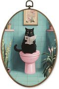 LKETW Funny Black Cat Bathroom Oval Wall Art Decor, Black Kitty Reading Newspaper on Toilet Oval Canvas Hanging Decor, Funny Cat Wall Decorations for Bathroom Restroom Washroom Toilet, 8.6x11.4 Inch