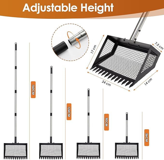 Biupky 10inch Chicken Poop Scooper & Rake, Chicken Litter Scoop with Handle for Chicken Coop & Pet Waste Cleaning for Chicken Coop, Goat Stall, Stable, Litter Sifting Shovel（24 to 63"