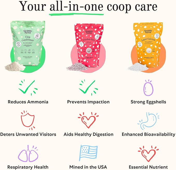 Grubbly Farms Coop Necessities Bundle - Chicken Grit, Layer Calcium & Coop Conditioner - Proper Digestion, Strong Eggshells & Odor Control - Rose Quartz Grit, Aragonite Calcium, Deodorizer - 3 Pack