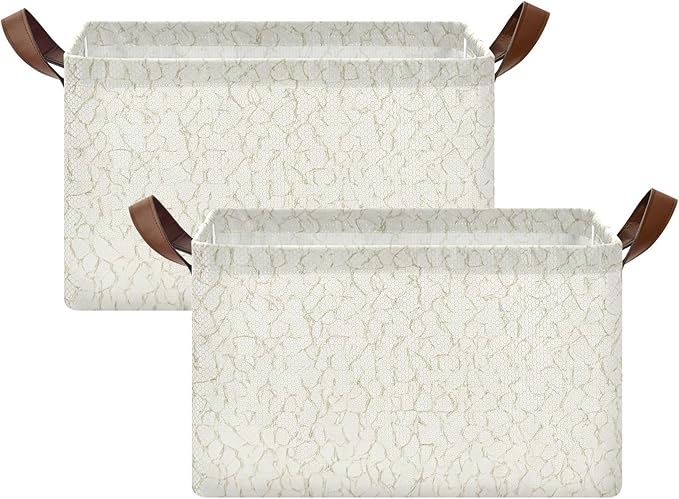 Parchment Grain Pattern Foldable Storage Basket with Handle, Storage Bins with Metal Frame, Fabric Shelf Baskets, Closet Organizers for Clothes, Books, 16.9 x 11.4 x 10 Inch