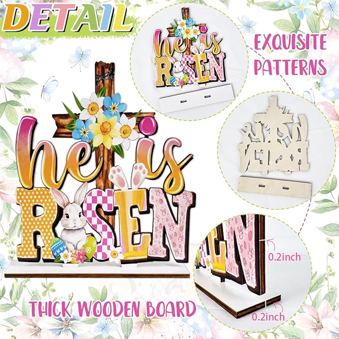 Easter Decor- 4pcs Wooden Easter Bunny Table Centerpieces for Tabletop Rustic Bunny Wood Table Sign with Eggs and Flower Ornament, Farmhouse Rabbit Decorations for home, Office, and Party Suppliers