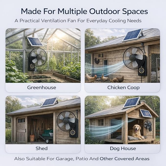 Rechargeable Outdoor Solar with Remote Control, 16" Wall Mounted Fans Oscillating Indoor with Remote Control, Solar Exhaust Fan for Chicken Coop, 3 Speeds, Timer, Adjustable Tilt