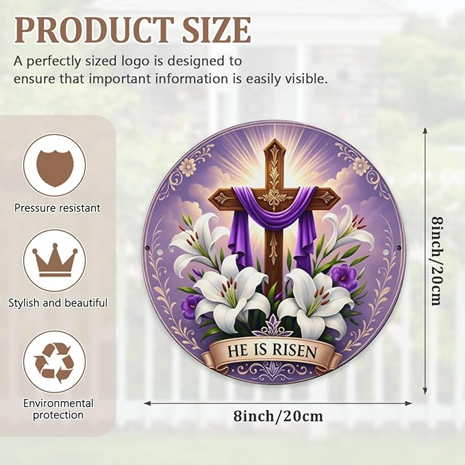 He is Risen Metal Sign for Front Door Decor Religious Cross Easter Hanging Door Decorations, Farmhouse Flower He is Risen Roundr Sign Hanger for Home Spring Wall Indoor Outdoor Decorations