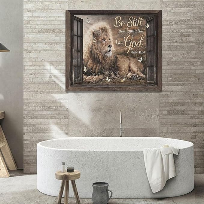 Lion Wall Art Rustic Farmhoues Christian Lion Wall Decor Lion Of Judah Pictures Canvas Prints Artwork Inspirational Psalm Scripture Gifts Home Decorations For Bathroom Kitchen Office Framed 24"x20"