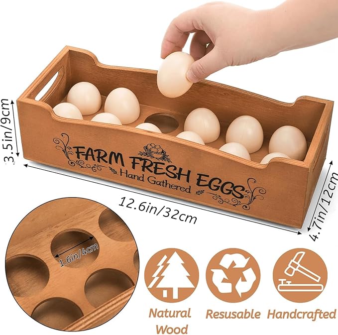 YOUEON Wooden Egg Holder for Countertop, Stackable 2-Tier Egg Crates for 24 Eggs with Handle, Farmhouse Rustic Pinewood Egg Storage Box with “Farm Fresh Eggs” Print, No Assembly Needed