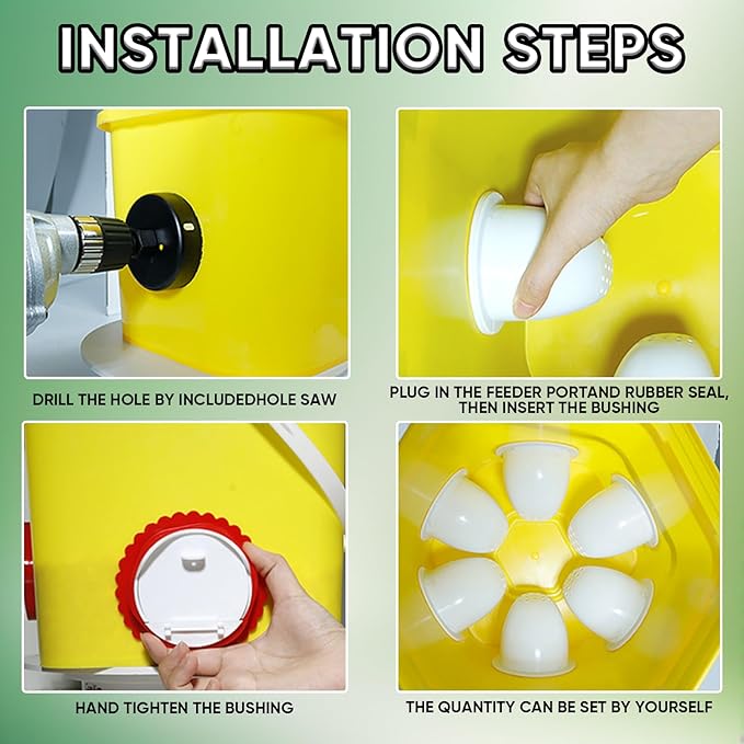 Chicken Feeders No Waste, DIY Rain-Proof Rodent Proof Automatic Poultry Feeder Port kit, Gravity Feeder with Lid has 4/6 Ports -1 Hole Saw Suitable for Buckets, Barrels, Bins, Troughs (White-4pcs)