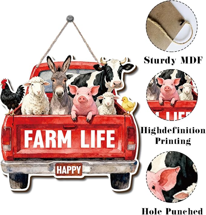 Farmhouse Wall Decor, Farm Life Red Truck Wood Sign with Cow Pig Donkey Sheep and Chicken, Rustic Watercolor Painting Style Hanging Plaque for Country Kitchen Porch Entryway or Barn, 9.8x10 Inches