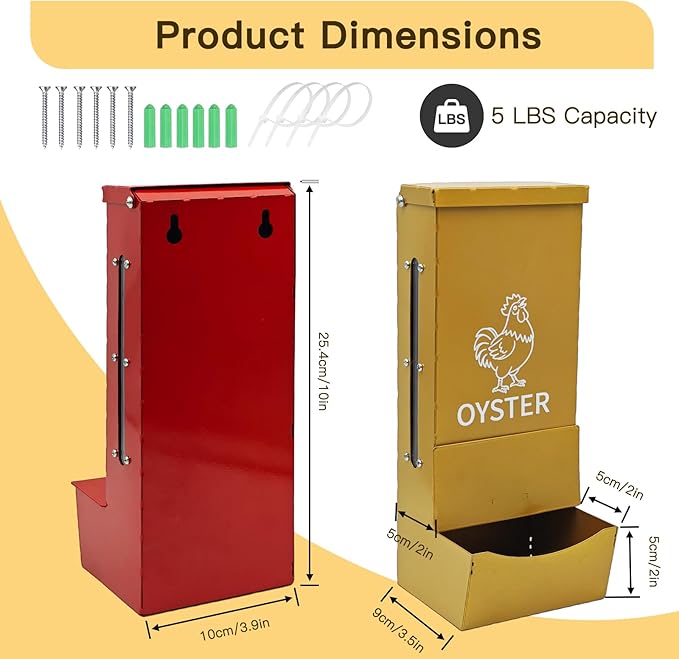 Chicken Oyster Shell Feeder and Grit Feeder, Heavy Duty Metal Automatic Chicken Feeders with Lid, Gravity-Fed Chicks Food Dispenser Hanging Poultry Feeders 2 Pack
